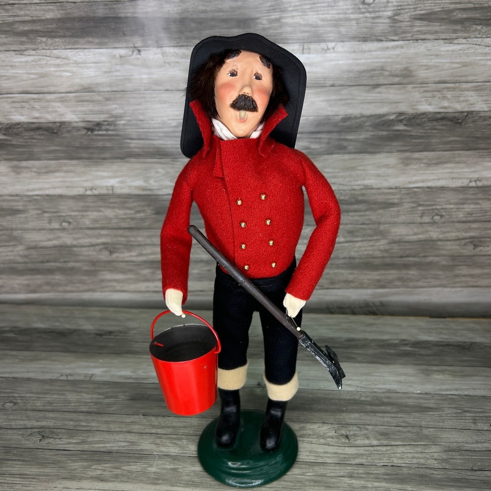 Vtg Byers Choice Caroler Fireman Man Mustache Red Jacket Fire Axe Bucket 2001